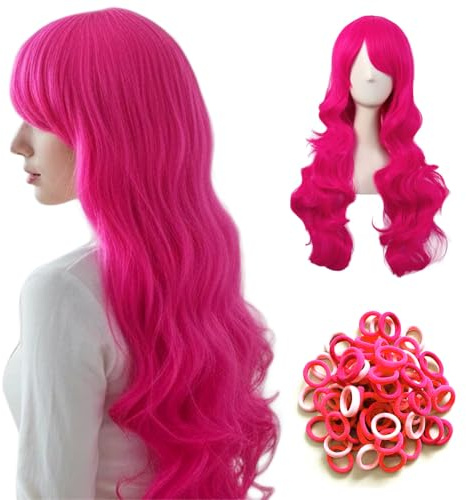 HTTDSLF Parrucche Lunghe Ondulate 30''/76cm, Capelli Lunghi Mossi Ricci, Parrucca Cosplay, Anime Parrucche Costume, Parrucca Anime Cosplay, Costume Accessori Wig (Caldo Rosa)