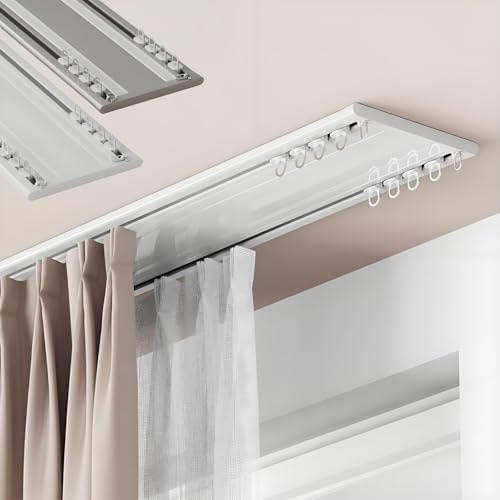 Barras de cortina de 2 vías con ganchos, riel de cortina doble delgado de 6 mm para ventana, barras de cortina ajustables de 3,7 m para sala de estar y dormitorio privacidad (blanco)
