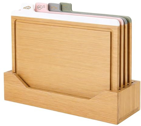 4 Pack Bamboo Chopping Board Set with Stand Food Prep Boards Kitchen Cutting Boards for Meat Fish Vegetable Bread (32 x 22cm)