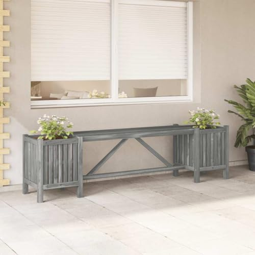 Keeushr Panchina da giardino con 2 fioriere, 150 cm, in legno massiccio di acacia, grigio, per terrazze, giardino, con vasi laterali in robusto legno di acacia, laccata grigia per esterni