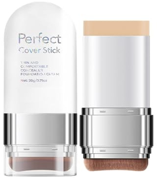 2-in-1 Foundation Stick mit Pinsel, Full Coverage Foundation Stick,Cream Foundation Makeup mit Weicher Pinsel, Wasserfest & Schweißresistent, Natürlich deckend, Matte Makeup Finish, Light Complexion