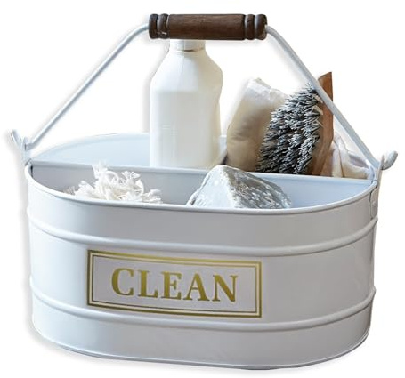 Loberon Eimer Clean, weiß | Zauberhaftes Retro-Flair, Aufbewahrung von Reinigungsmitteln, Vintage-Charme, Ordnungshelfer, Eisen, Mangoholz