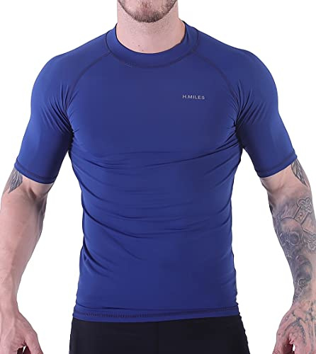 H.MILES Kortärmad rashguard för vuxna män, baslager för simning, snorkling, surfing, toppar, t-shirt för dykning och strand, Safir, XL