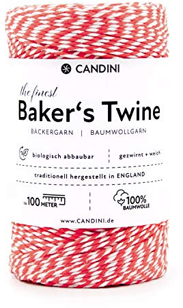 Candini Bäckergarn rot - weiß (erdbeere) - weiches Bastelgarn aus reiner Baumwolle, 100m - Premium Qualität - Baker’s Twine Bastelschnur, Geschenkband - zweifarbig - Made in England