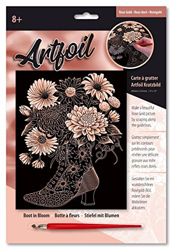 Mammut 8301953 - Artfoil Kratzbild Stillleben Stiefel mit Blumen, roségold, Komplettset mit Kratzbild, Kratzmesser und Anleitung, Scraper, Scratch, glänzend, Kratzset für Kinder ab 8 Jahre