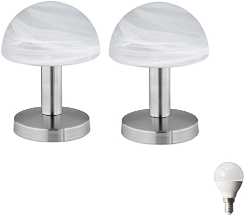 Lhh Nachttischlampe Antik Retro Touch ON/OFF messing/alabasterfarbig nicht Dimmbar Nachtlicht Schreibtischlampe Fensterbank Schlafzimmer incl. 3WLED (2er Set Klassisch nickel)