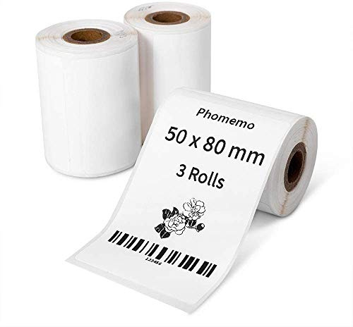 Phomemo 3 Rollen Selbstklebende Etiketten für M110/M220, 50x80mm, 270 PCS | Phomemo Selbstklebende Thermodirekt Etiketten für Schule, Heim, Büro, Einzelhandel, für M110/M220/M221/M108/M250/M120, Weiß