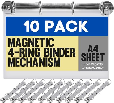 Magnetic Ring Binder Mechanism– 10 Pack – for Hanging A4 Size Sheets of Paper – 4 Rings – 1 Inch D Shaped Rings – 5S Visual Aid