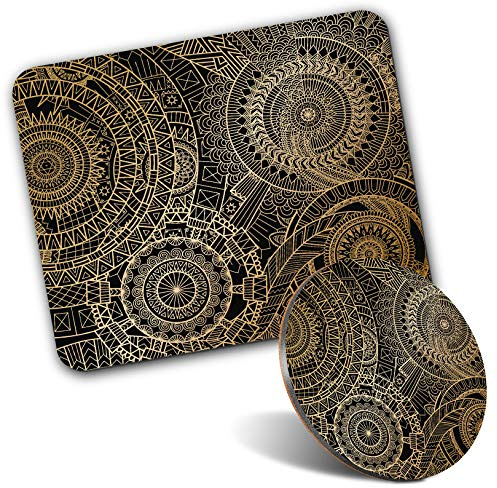 Rectangle Mouse Mat & Round Coaster Set - Fractal Gold Mandala Pattern 20 cm & 9 cm for Computer & Laptop, Office, Gift, Non-slip Base #15540