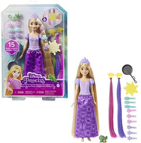 Disney Prinzessin-Spielzeug, Rapunzel-Puppe mit Haarverlängerungen mit Farbwechseleffekt und Hair-Styling-Zubehör, inspiriert vom Disney-Film