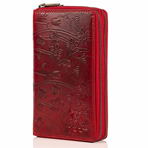 MATADOR Portmonee Damen Rot #Madrid mit edler Geschenk Box, Elegantes Leder Portemonnaie Damen, RFID Geldbörse Echtleder, Luxus Frauen Geschenk mit Viele Kartenfächer in Blumen Rot