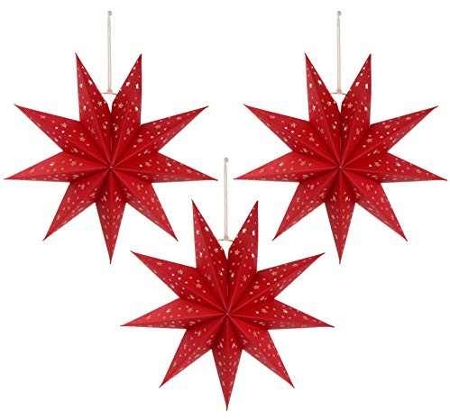 SOLUSTRE 3 Stücke Weihnachten Papier Stern Hängende Laterne Lampenschirm Weihnachtstag Aushöhlen Design Dekoration für Led-Licht Hochzeit Geburtstagsfeier Wohnkultur Rot