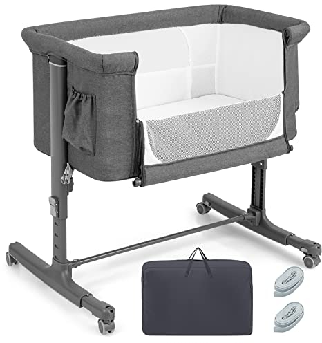 COSTWAY 3 in 1 Beistellbett & Babywiege & Reisebett, 5-stufig Höhenverstellbares Babybett neigbar, Kinderbett inkl. Matratze, Tragetasche, Stubenwagen für Babys bis 9kg belastbar (Dunkelgrau)