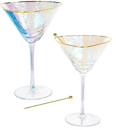 Sisterly Drinkware Iridescent Hammered Martini Glasses Set of 2 – Handmade Gold Rim Cocktail Glasses with 2 Gold-Plated Picks & 2 Coasters – 8 oz Elegant Barware for Martinis, Cocktails & Mocktails