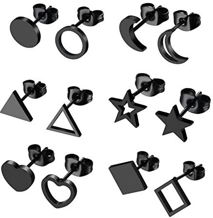 JewelryWe Schmuck Unisex Ohrstecker Edelstahl Klassische Asymmetrische Stern Mond Herz Rund Dreieck Viereck Ohrringe Ohr-Piercings Ohrschmuck für Herren Damen Schwarz