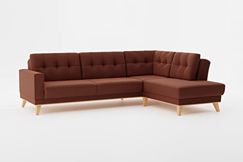 CAVADORE Ecksofa Lima mit Ottomane / L-Form-Couch mit Schlaffunktion + Bettkasten / Holzrahmen + Steppung im Rücken / Strukturstoff, Rot-Braun