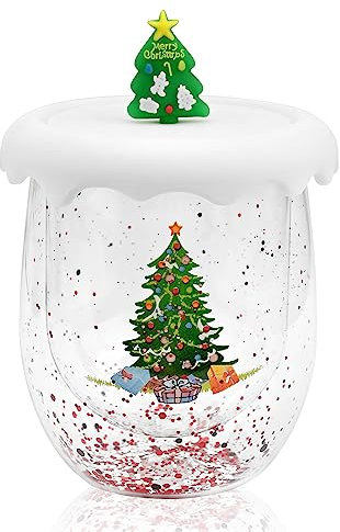 TSLBW Tazza da Caffè Natalizia Tazze Carine per Albero di Natale Tazza da Caffè in Vetro Tazza da Tè Tazza da Latte con Coperchio Decorazione Natalizia, 300 ml