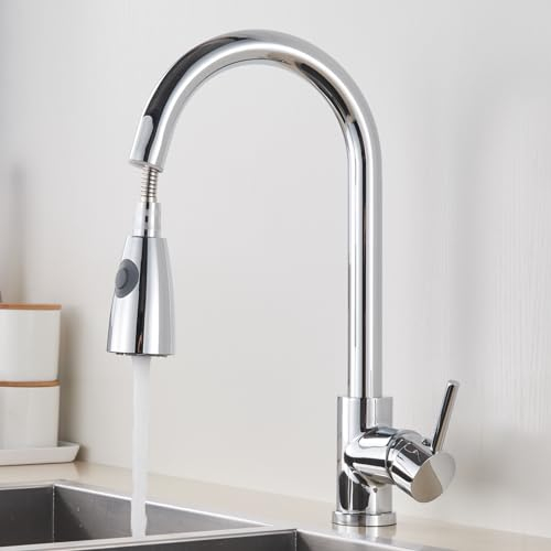 Wasserhahn Küche, Hochdruck Küchenarmatur mit Herausziehbarer Brause Ausziehbar Armatur, Mischbatterie Spültischarmatur 360° Schwenkbar Zwei Sprühfunktionen, Edelstahl, Chrom