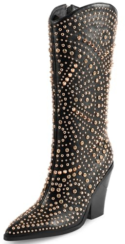 iiimmu Womens Boots Pointed Toe and Chunky Heel Boots for Women Luxurious Studded Boots Tall Boots with Metallic Rivets, White/Black Size US 5-12