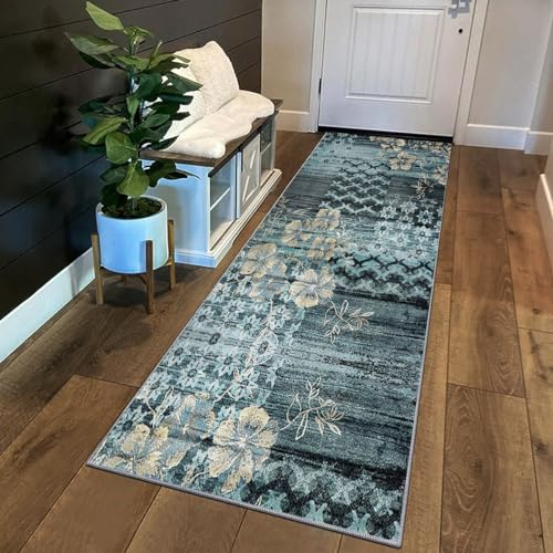 Siunwdiy Teppich läufer Flur küche rutschfest waschbar Blauer Flurteppich mit Blumenmuster 110x320cm küchenläufer lang abstrakt Korridor -teppichläufer küchenteppich meterware anpassbar