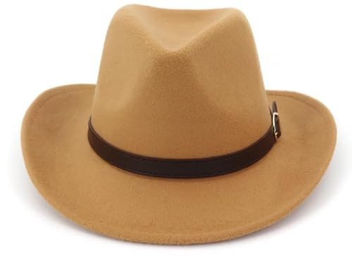 WOYUANSHA Cowboyhüte Cowboy-Filzhut Mit Breiter Krempe Panama-Trilby-Jazz-Fedora-Hüte Mit Lederschnalle Einfarbig Für Herren Und Damen 56 Bis 58 cm Kamel