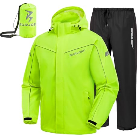 Burjosy Regenanzug Herren, Wasserdicht Regenjacke Regenhose, Packbare Leicht Reflektierende Windjacke mit Kapuze, Atmungsaktiv Fahrrad Regenmantel für Outdoor Wandern Camping
