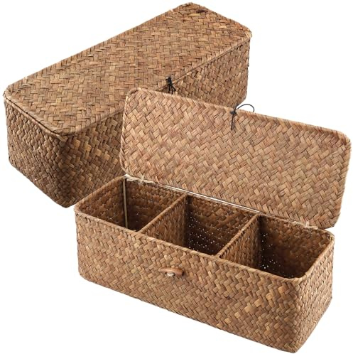 KEILEOHO 2 Stück Seegras Aufbewahrungskorb mit Deckel, Seegras Rattan Korb Rechteckig mit 3 Fächern, 32 x 12 x 11 cm Aufbewahrungskorb Geflochten für Organisation, Schlafzimmer, Badezimmer, Wohnzimmer