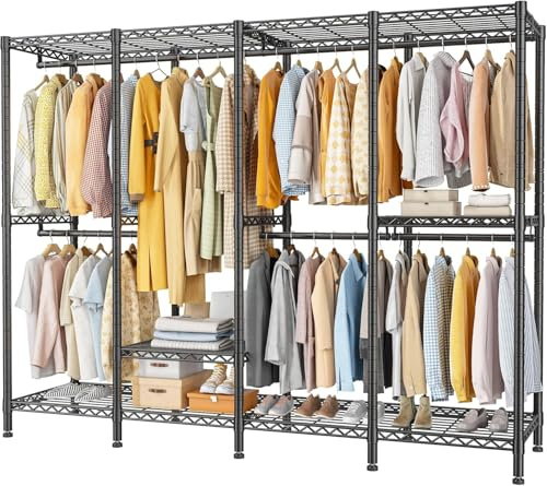 REIBII 500kg Heavy-Duty Clothes Rail with Adjustable Shelves and Hanging Rails, 195Hx93Wx45Dcm Space-Saving Open Wardrobe, Two-Modes Wider Clothes Rail Suitable for Bedroom, Dormitory, Corner, Closet