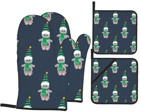 Ofenhandschuhe und Topflappen-Sets Katze im Weihnachtskostüm, hitzebeständige Küchen-Backhandschuhe, rutschfeste Oberfläche zum Kochen, Backen, Grillen, Grillen