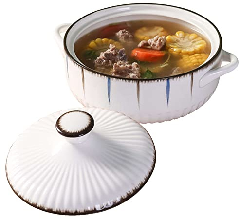 PUFAHAU Plat à lasagnes Grand, Profond, Rond, en céramique, avec Couvercle, résistant au Four, poêles de Cuisson en céramique, poignée avec Couvercle, 19 x 15 x 7 cm, Blanc, 700 (White-50oz 1500ml)
