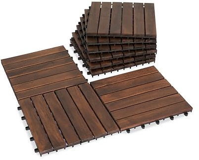 VICTORY RELAX Natural Acacia 12x12 Interlocking Wood Deck Tiles for Balcony, Garden, Patio, Poolside Decor - Waterproof Indoor & Outdoor Flooring - 6 Slats, Round Joints, Pack of 9, Brown Color