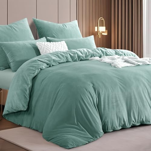 RUIKASI, set biancheria da letto in flanella 200 x 220 cm, 3 pezzi, verde chiaro - caldo set biancheria da letto invernale in pile soffice, con 2 federe 80 x 80 cm