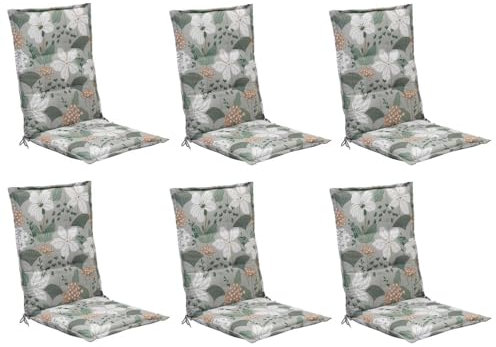Home4You 6er Set Mittellehner-Stuhlauflagen in Grün, Weiß & Pfirsich – Gartenstuhlauflage 108 x 50 x 6 cm – Polyester & Baumwolle – Mit seitlichen Bindekordeln – Gefertigt in Deutschland