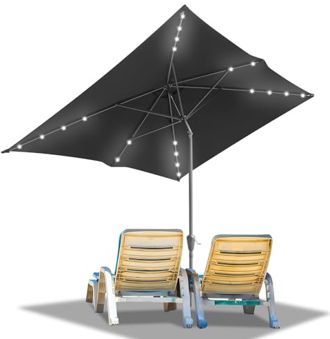 Ollewiellan Sonnenschirm LED Solar 210 x 140cm Grau mit Kurbel | Sonnenschirm Rechteckig Ampelschirm Gartenschirm Terrassenschirm Sonnenschutz UV50+ Knickbar wasserdicht für Garten, ohne Ständer