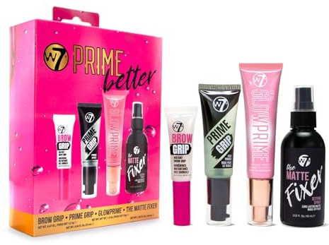 W7 Prime Better Gift Set - 4 Piece Makeup Prime & Set Collection with Primer, Fixer, Glow & Brow Grip - Makeup Gift for Flawless Base