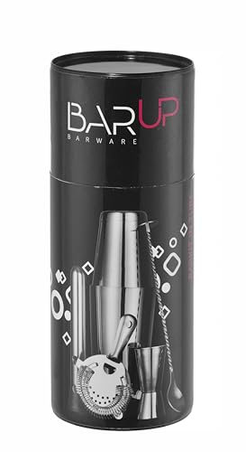 HENDI Set de bar dans un tube, BarUp, outils pour barman: shaker Boston, passoire Hawthorne, jigger double, pilon et cuillère à cocktail en spirale avec disque pilon, ø120x(H)320mm, inox