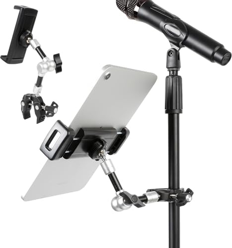 FPN Tablet Holder for Microphone Stand, Aluminum Mic Music Stand Mount for iPad and iPhone, Adjustable Tablet Holder with Super Handle Clamp Compatible with 4.7 to 13 inch Tablets & Phones