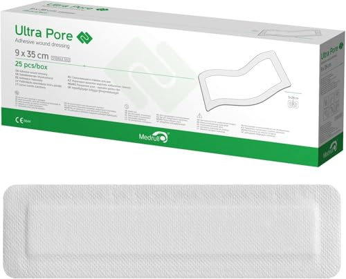 Medrull Steriler Wundverband Groß 9x35 cm ULTRA PORE Sterile Wundpflaster XXL - Akute Wundversorgung Postoperatives Sensitive Pflaster - Starke Klebekraft, Hautfreundlich 25 Pack
