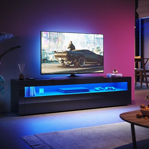 SUNXURY TV Board Schwarz mit LED-Beleuchtung Fernsehtisch 180(B) x 40(T) x 45(H) cm TV Schrank Fernsehschrank TV lowboard Schwarzer Hochglanz