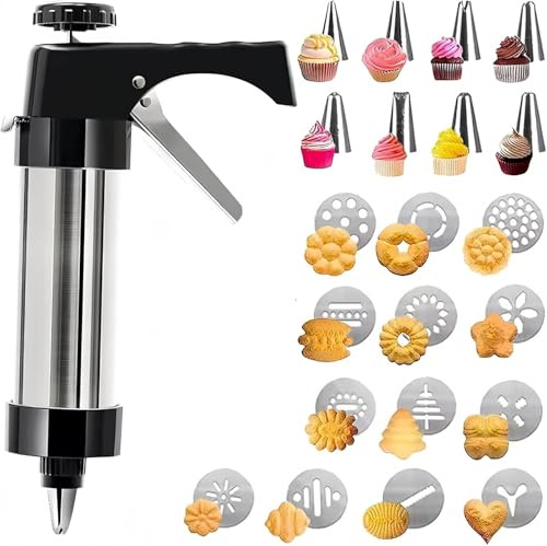 BAKAMITAYI Cookie Press Gun Kit, Stainless Steel Spritz Set, Press Gun with 8 Piping Tips and 13 Cookie Discs