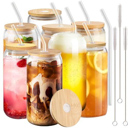 MEETOZ 8 Set 500ml Finew Glass Cups with Bamboo Lids and Glass Straws,Reusable Can Shaped Glass Cups Set,for Smoothies, Beer, Cola, Juice, Soda