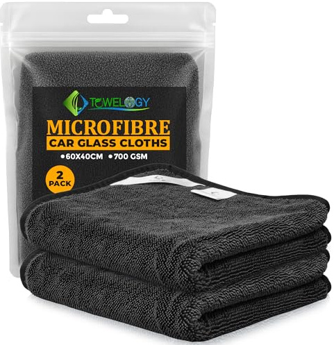 Towelogy® Premium Car Glass Cleaning Cloth - 2x Large Streak-Free Microfibre Cleaning Cloths for Windows, Screens, and Car Glass 60x45cm (Black)