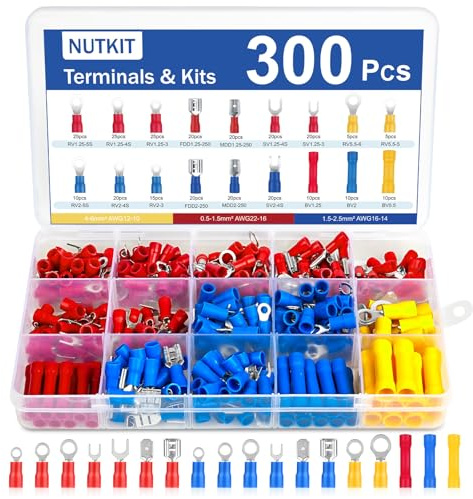 NUTKIT 300 Pcs Electrical Crimp Connectors, 18 Insulated Crimp Terminals | 0.5-6mm² Cable Lugs Set, crimp-spade Bullet Cable Ring Wire Connectors, Male/Female Insulated Terminal