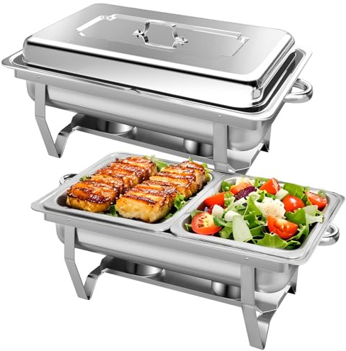 PRIJESSE Chafing Dish, Rectangle 2 Pack Stainless Steel Food Warmer Kit | Buffet Serving Utensils, with Lids 1/2 Size Food Pans and Fuel Holders for Restaurant Catering Parties Weddings