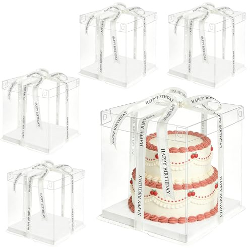 5 Pcs Clear Cake Box with Ribbon, 2-Layer Cakes Box for 8 Cake Packing