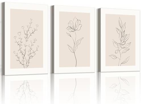 WENGTIAO 3 Piezas Boho Botánico Cuadros Decorativos Enmarcado 30x40cmx3 | Abstracta Plantas Negro y Beige Neutros Lienzos Laminas, Cuadros Decoracion Salon Modernos Dormitorios Decoración Pared