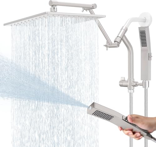 All Metal 10 Inch Rain Shower Head with Handheld Built-in Power Wash Mode, High Pressure Waterfall Rainfall Square Shower Heads with 16 Adjustable Extension Arm, Dual Showerhead(Brushed Nickel)