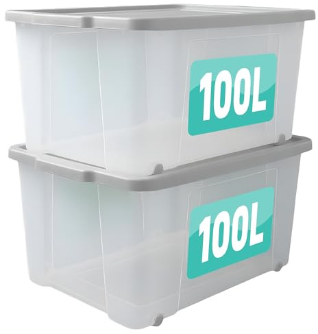 Optimal Products Set Of 2 Plastic Storage Box with Lid & Wheels Stackable Heavy Duty Container for Home, Garage & Office Organisation Boxes Nestable Portable Multipurpose Room Organiser (100 Litre)
