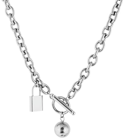 necklace For Men Women, 925 Sterling Silver Hip Hop Cuban Link T Bar Toggle Clasp Long Chain Pendant Charm Choker Lock And Key Necklace necklace