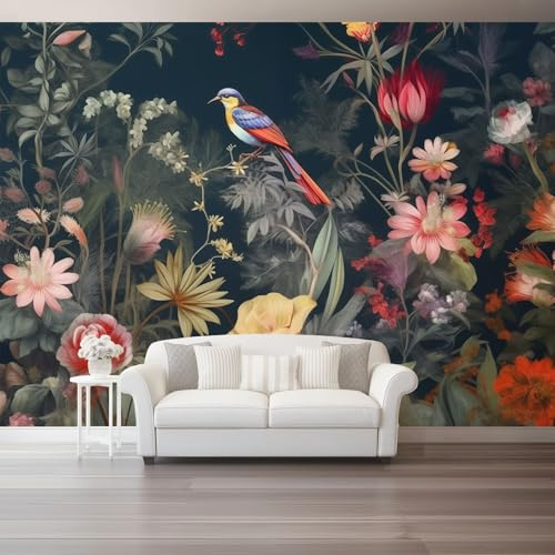 Carta da parati murale 350 x 256(WxH) – Design panoramico Retro Piante Fiori e Uccelli,carta da parati in tessuto non tessuto per parete decorativa di soggiorno e camera da letto Buio